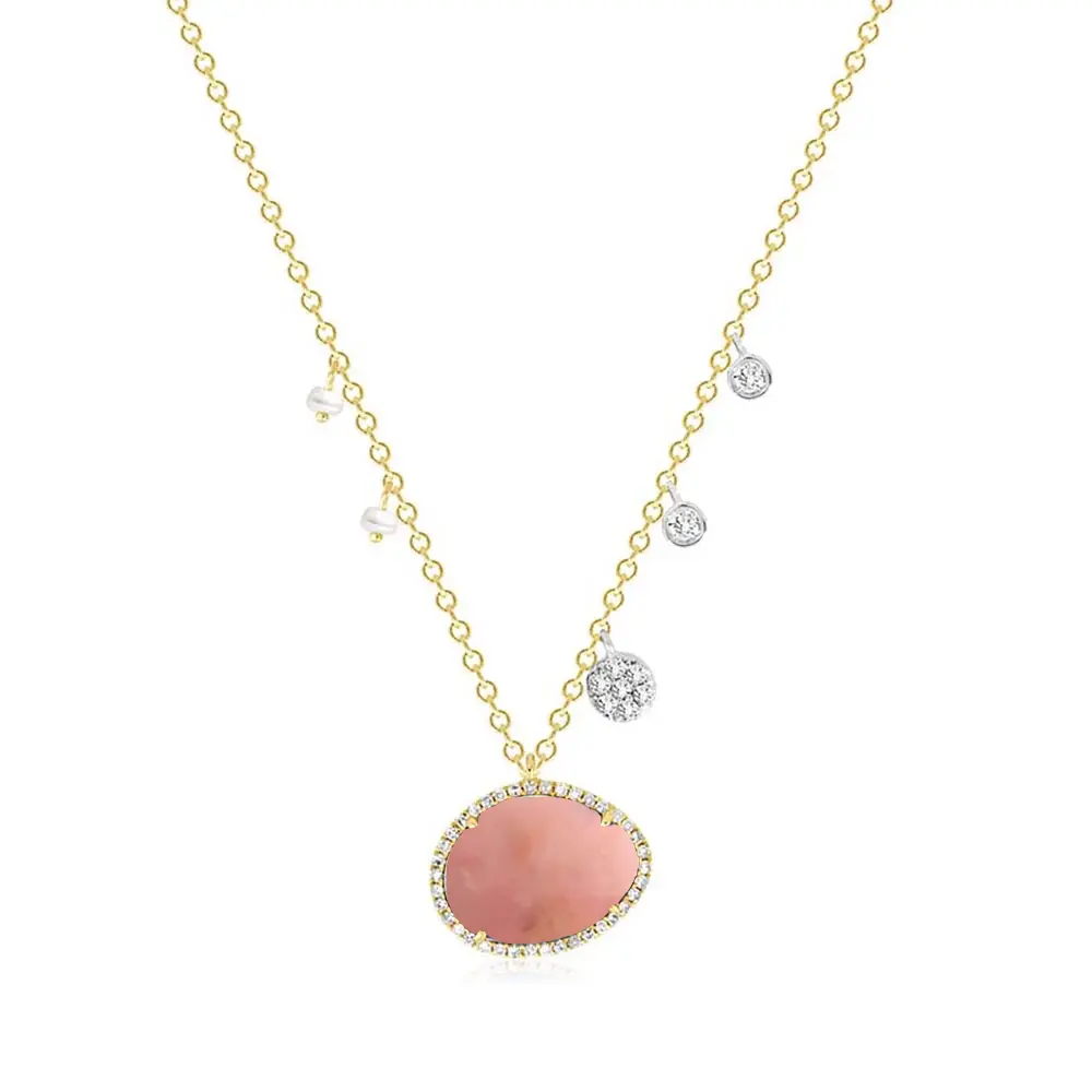 MEIRA T: 14k Pink Opal with Off-Centered Pearls & Diamonds Necklace