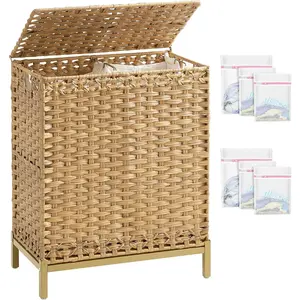 Laundry Hamper with Lid, 112 L Handwoven Rattan Wicker Laundry Basket, 2 Removable Liner Bags Metal Heightened , 6 Mesh Bags, 2 Section Large Clothes Hamper for Bathroom Bedroom,