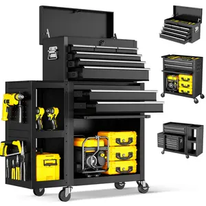8-Drawer Detachable Rolling Tool Chest, Heavy Duty Metal Tool Box with Lock & Wheels, Garage Tool Organizer with Side Hooks, Black/Red