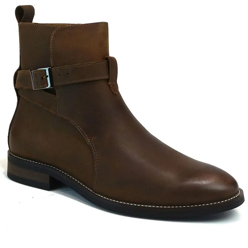 Men's Brown Genuine Leather Round Toe Boots Buckle & Straps Ankle Fashion AZAR MAN