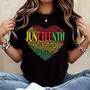 Juneteenth Heart Word Art Print T Shirt White Crew Neck Casual Loose Fit For Everyday Wear And Outdoor Activities