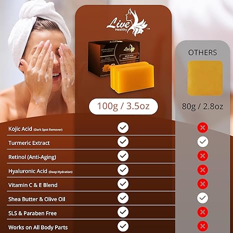 Live Healthy Kojic Acid Soap - Skin Brightening and Lightening for a Radiant Complexion - Natural, Gentle, Turmeric Soap Bar for Dark Spots, Uneven Skin Tone & Acne Scars - 2 Pack + Holder & Net