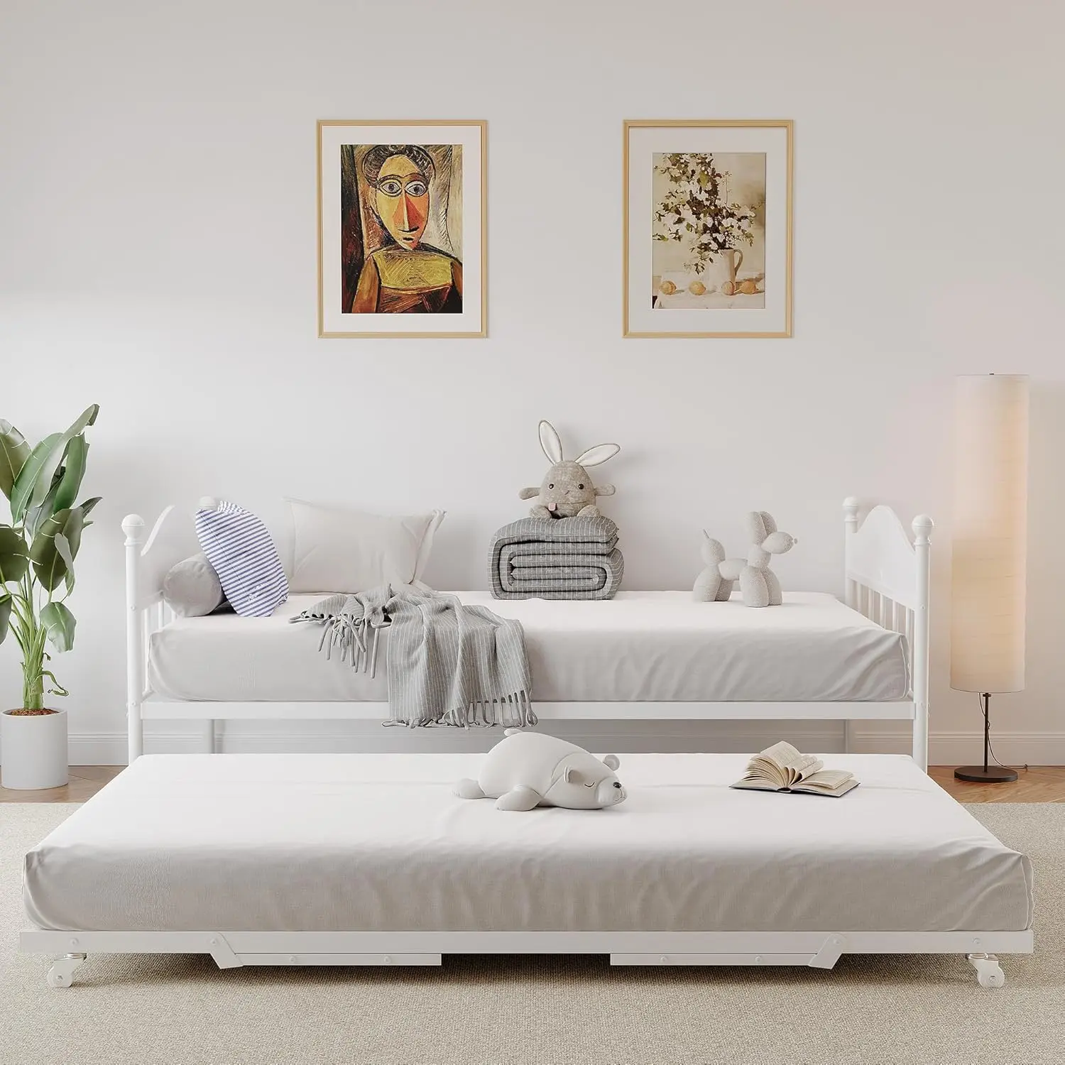 Twin Size Metal Daybed with Stylish Headboard, Foldable Pop-Up Trundle (Foldable Bed), Heavy-Duty Steel Slat Platform, Multi-Functional Sofa Bed Frame for Living Room, Bedroom, White, Heavy Duty Beds, Metal Frame Beds