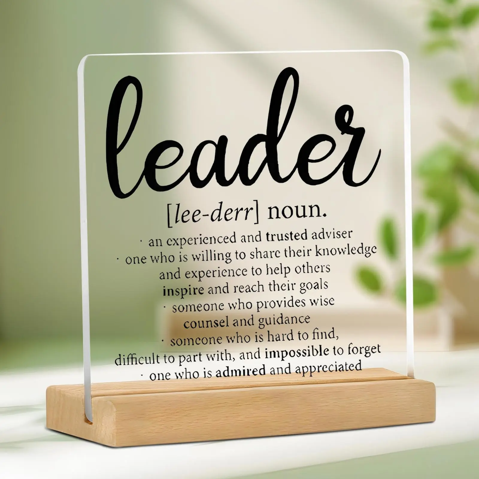 Leader Definition Clear Acrylic Plaque with Wooden Stand, Desktop Decoration, Home Decor, Gift for Boss, Manager, Leader, Signs