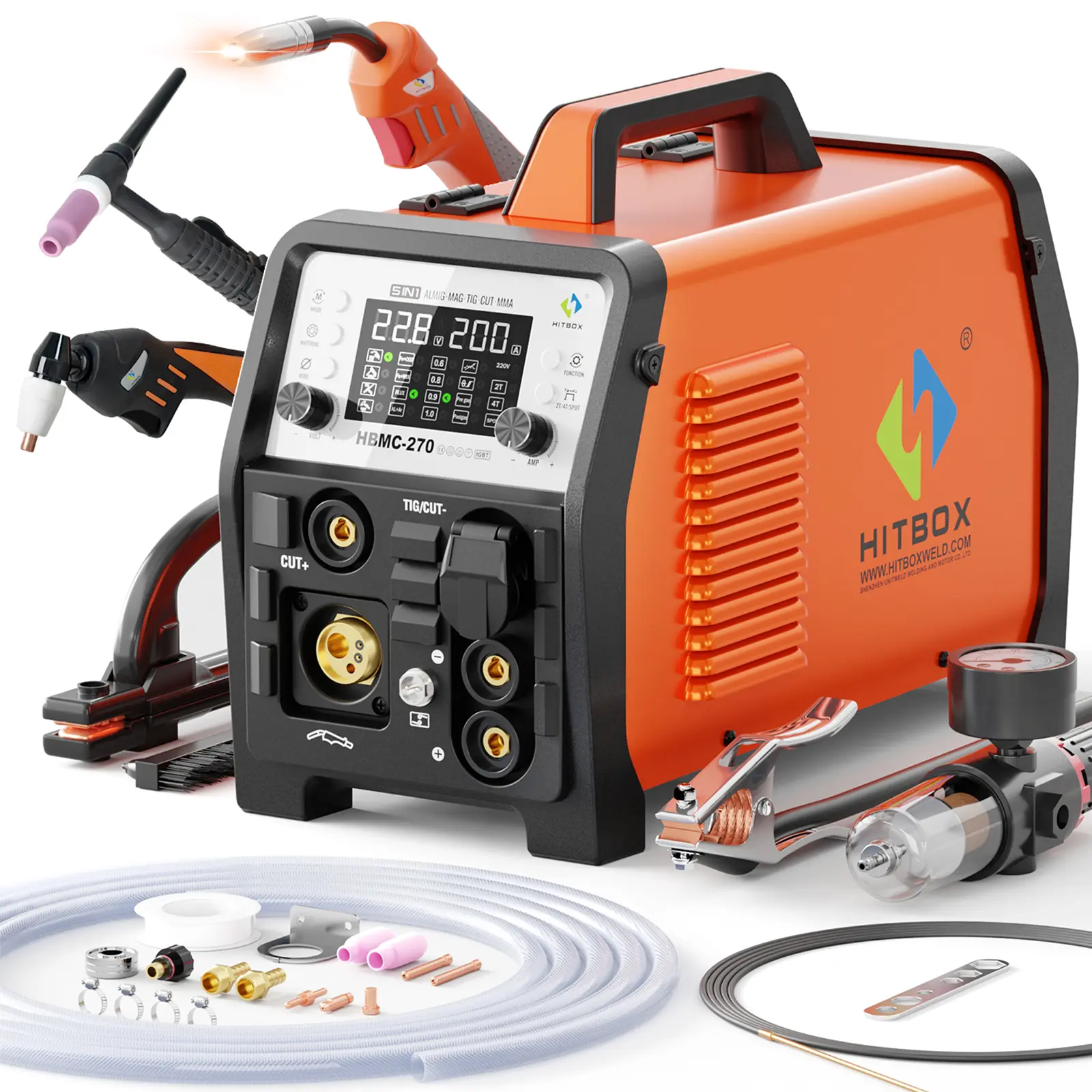 HITBOX HBMC270 6 in 1  combo aluminum Welding Machine plasma cutter Portable Handheld Inverter Welding Machine Digital Multiprocess Welder gasless MIG/MIG Co2 Gas/Plasma Cutter/TIG/MMA Multi-function Load 1kg and 5kg Wire Flux core IGBT Christmas gift