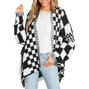 Saodimallsu Womens Checkered Sweater Color Block Plaid Cardigans Oversized Long Sleeve Knit Open Front Coats