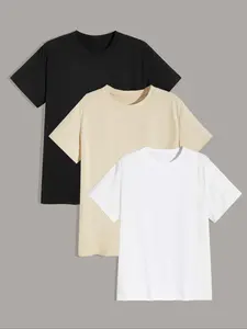 Men's 3/6/9pcs Plain Round Neck Tee Set, Regular Fit Solid Color Stretch Short Sleeve T-Shirt, Casual Crew Neck Top for Summer