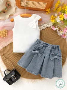 Cotton 2-piece Elegant And Cute Little Girl Set, Sleeveless Round Neck Vest With Bow Decoration & Navy Blue Denim Skirt, Perfect For Leisure Daily Life Vacation And Party