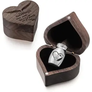 XIUDA Wooden Mini Memorial Small Urns for Ashes Stainless Steel Cremation Mini Urn with Black Walunt Box Funeral Heart Wings Keepsake Urn for Ashes