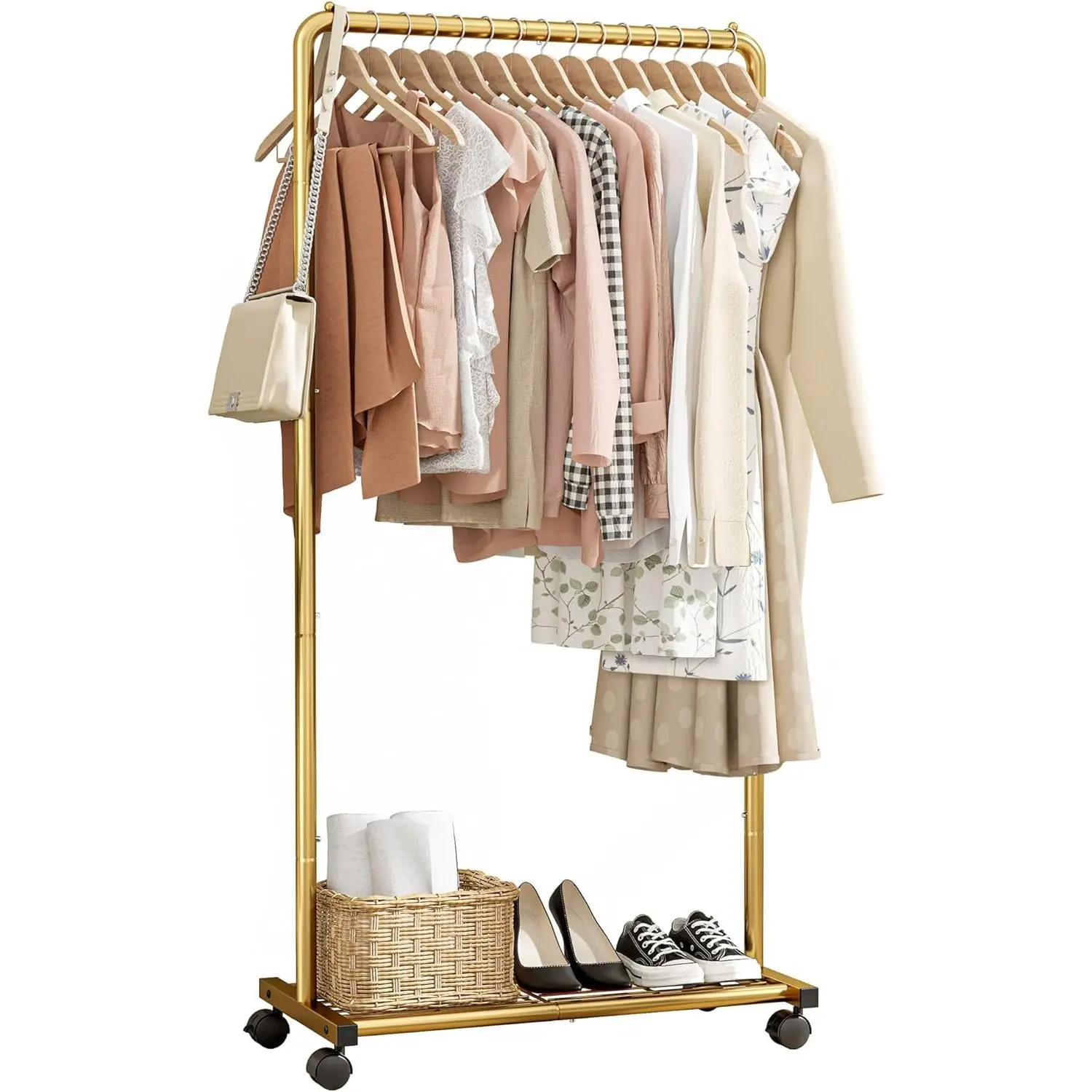 Clothes Rack - Clothing Rack with Storage Mesh Shelf & Casters, Heavy-Duty Metal Clothing Rack for Hanging Clothes, Dresses, Coats, Large Load Capacity, Easy Assembly, Gold, 28.0"x16.9"x59.0", Manual