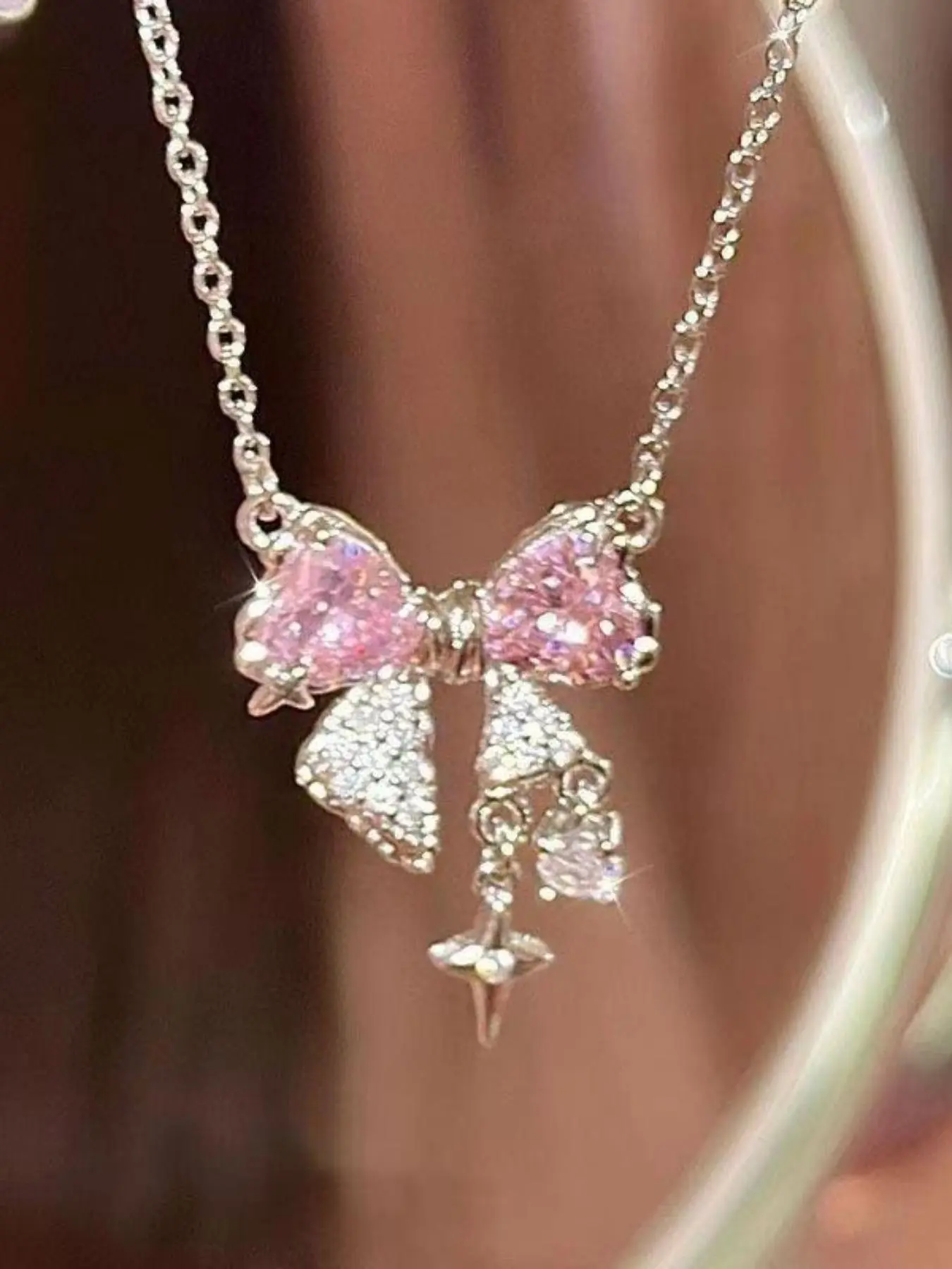 Women's Elegant Bow Design Pendant Necklace, Sparkling Rhinestones Chains, Daily Clothing Decor, Trendy All-match & Exquisite Jewelry for Birthday Gift, Daily Wear Necklace, Bling Necklace, Dainty Necklace, Rhinestone Decorated Necklace