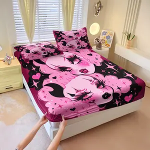 3-Piece Set of Black Pink Gothic Lolita Pattern Bed Sheet, Comfortable Printed Pattern, Includes 1 Bed Sheet and 2 Pillowcases, Comfortable Bedding, Non slip Dust Cover Suitable for Bedroom, Suitable as Gift