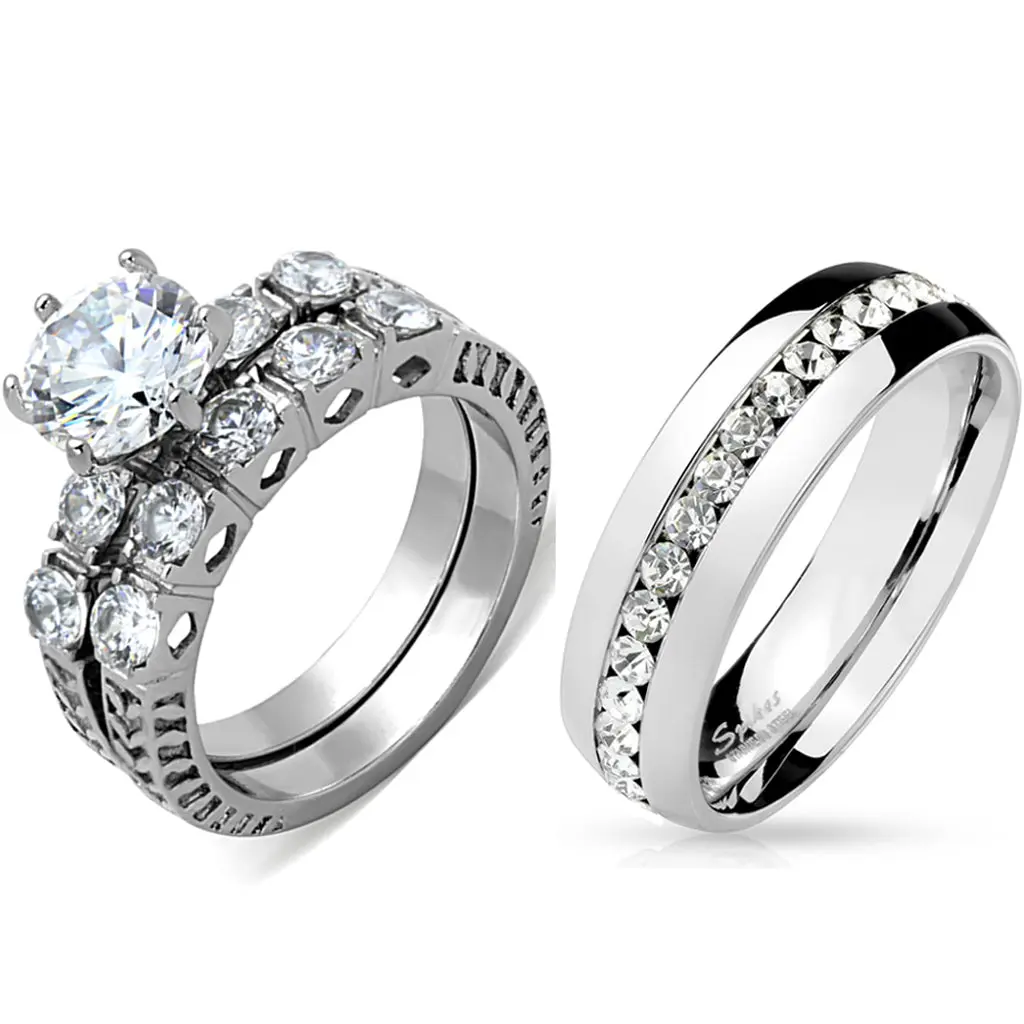 Lanyjewelry 3-Piece Couple Matching Rings Set, Elegant Tarnish-Free Stainless Steel, Prong-Set 8x8mm Brilliant Cut Cubic Zirconia Women's Wedding Ring & Men's All-Around CZ Band, Three-Piece