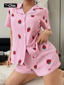Women's Striped Strawberry Print Pajama Set, Sweet Lapel Short Sleeve Top with Pocket and Bow Shorts, Casual Homewear