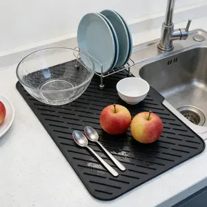 Silicone Large Size Dish Drying Mat Silicone  Silicone Dish Drying Mat with Free Soap Holder Dish Drying Mat with Built-in Drain Lip - Hygienic Drying Pad - Sturdy Compact Easy to Clean Tray Protects Surfaces Prevents Water Build Up