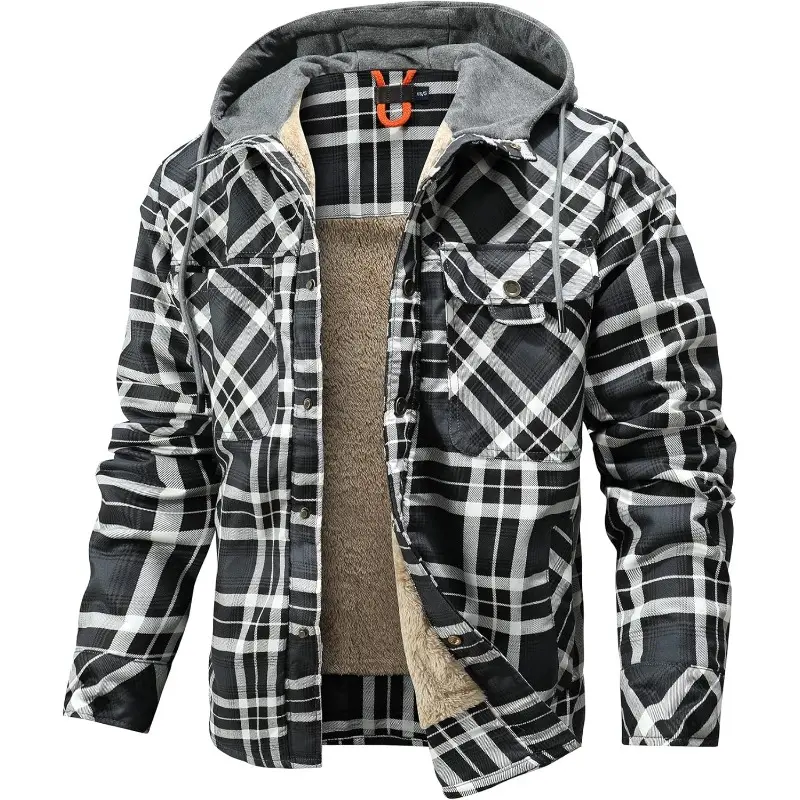 Men's Hooded Sherpa-Lined Warmer Flannel Shirt Jacket, Menswear Casual Thick Plaid Snap-Front Outdoor Coat, Sherpa Jacket, Hooded Jacket