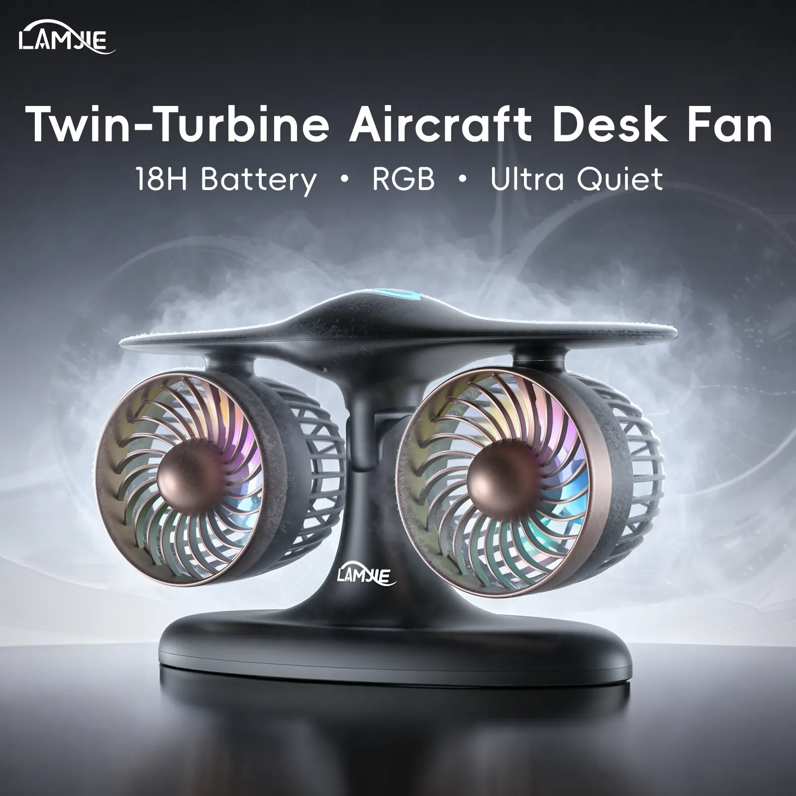 LAMJUE Twin-Turbine Aircraft Desk Fan, 8000mAh 18H Battery with RGB, Ultra Quiet & Strong Breeze, Multi-Angle Tilt, Type-C Fast Charging, for Home Office Bedroom Gaming, Black Copper/Silver
