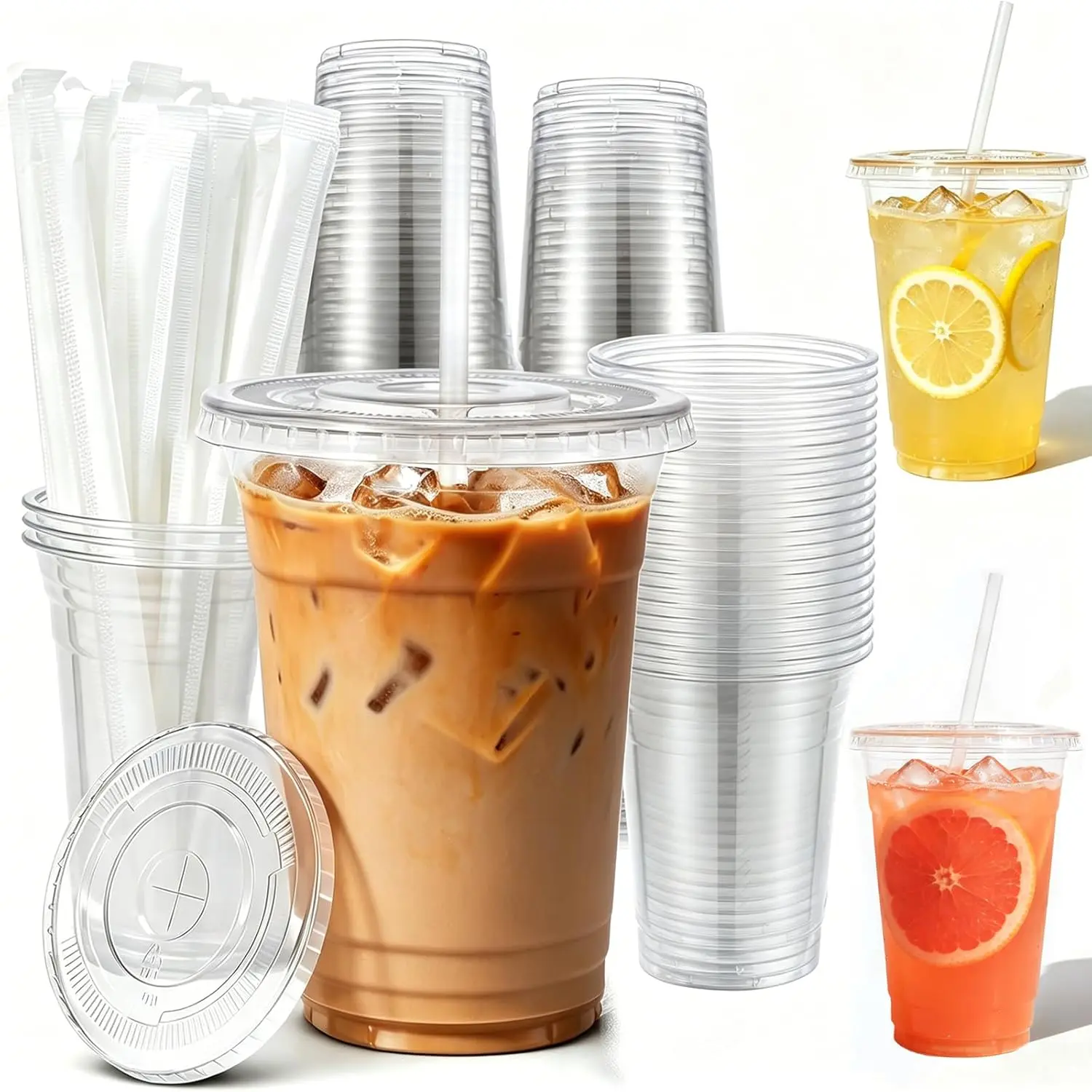 16oz 25 Pack Disposable Iced Coffee Cups with Lids and Straws Clear Plastic Cups for Cold Drinks Juices Smoothie To Go Cups