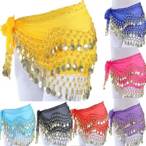Women’s 3-row 128 gold belly dance costume set, including hip scarf, skirt, belt, and waist chain GARMENTARY