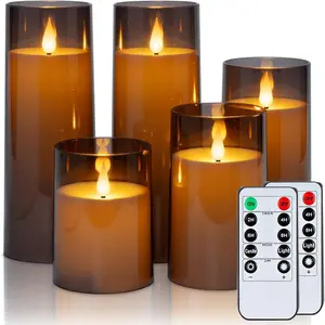 Flameless Candles  Operated with Remote Timer,  Flickering LED Pillar Candle for Halloween Decoration,  Decor,  for Family and , Grey, Set of 5