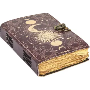 Sun & Moon  Leather Journal for Men & Women 200 Pages of Antique  Deckle Edge  Paper, Leather Sketchbook, Drawing Journal, Printed leather Journal,   (8 x 6 Inch)