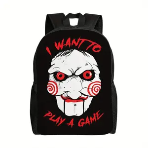 BIIHUDU Men's Horror Movie Backpack with Saw Movie Design - Iconic Jigsaw Face & "I Want to Play a Game" Print, Adjustable Laptop Backpack for School, Travel, Casual Use - Durable Casual Backpack for Fans, Horror Film Themed Gift, Stylish Black with Red a