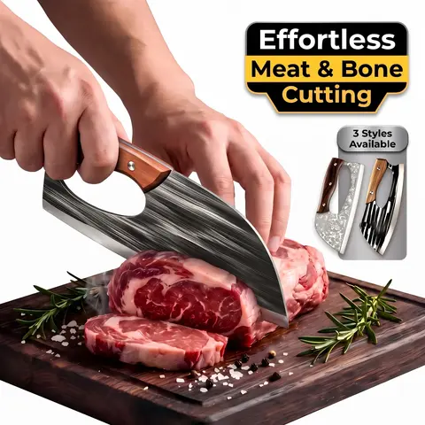 2-Piece Thick Forged Steel Viking Kitchen Knives Set, Kitchenware - Large & Small Meat-Vegetable Cutting Knives with Leather Sheaths, Ideal for Kitchen & Camping Use, Barbecue Gift Option