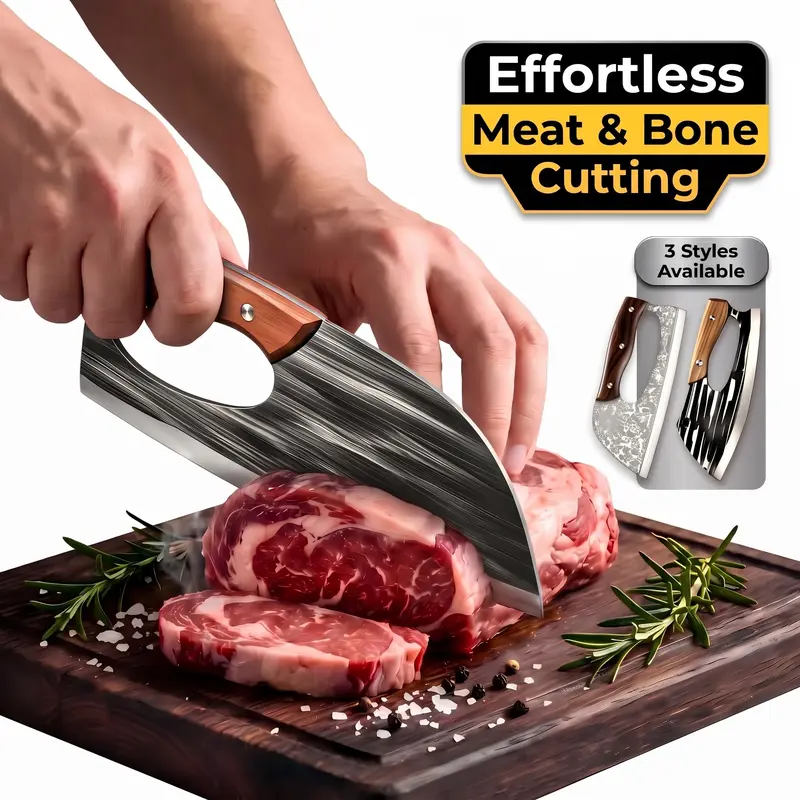 2-Piece Thick Forged Steel Viking Kitchen Knives Set, Kitchenware - Large & Small Meat-Vegetable Cutting Knives with Leather Sheaths, Ideal for Kitchen & Camping Use, Barbecue Gift Option