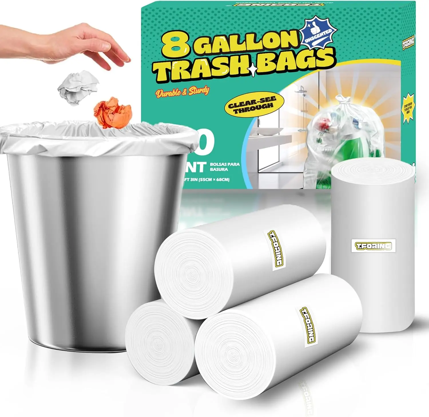 120 Count Heavy Duty 8 Gallon Trash Bags, Clear Unscented Garbage Bags for Home, Kitchen & Bathroom