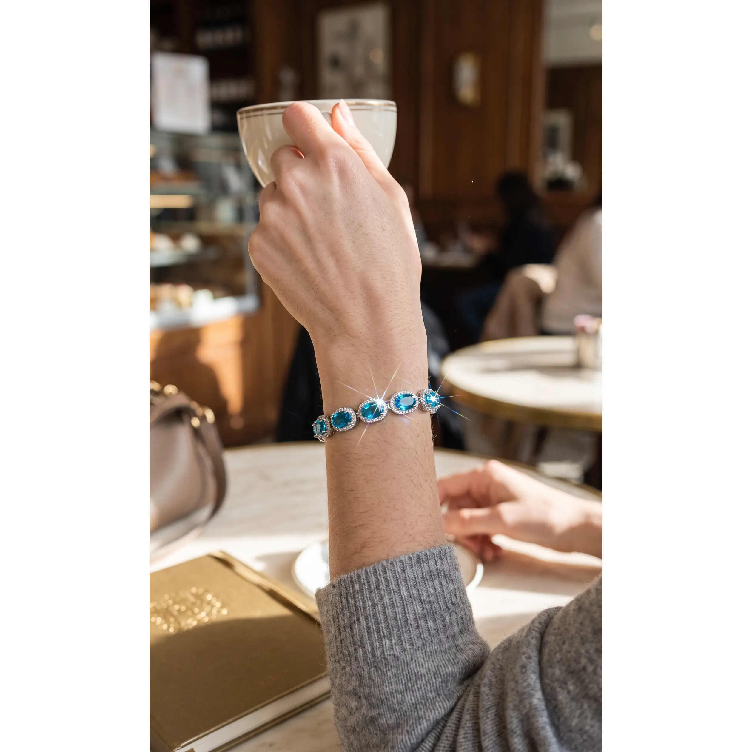 Aqua Blue Cushion-Cut Crystal Halo Tennis Bracelet – Silver-Tone Statement Jewelry 7115
