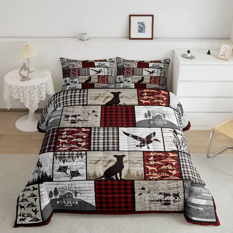 Feelyou Duck Hunting Dog Duvet Set - Animal Inspired Designs, Plaid Designs, Western Theme, Rustic Cabin Bedding, Mallard Duck Geometric Checkered, Luxurious Camping Comforter Set, Novelty Print Duvets