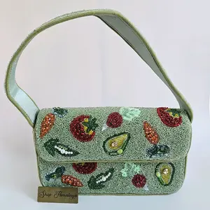 Shop Himalaya Playful Fruit Harvest Seed Bead Bag Sage Green Shoulder Purse with Avocado Strawberry Carrot Embroidery Handcrafted Artisan Piece