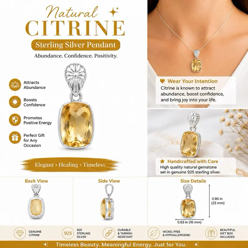 Classic 925 Sterling Silver Citrine Pendant, Genuine Semiprecious Stone Jewelry, Unisex Wear Necklace