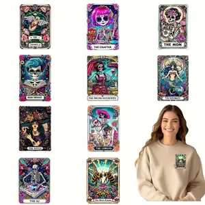 12 Vibrant Tarot Card Iron-On Transfer Stickers, DTF Plastic Washable Decals, Skull Angel Floral Designs, DIY Crafts T-Shirts Jeans Masks Backpacks
