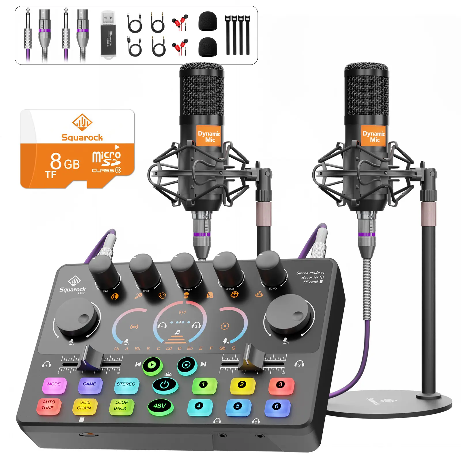 Squarock RS2i2 Audio Mixer / Podcast Equipment Bundle Sound Board with 1 Mic or 2 Mic Condenser Mic or Dynamic Mic Bundle