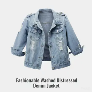 Women's 3/4 sleeve washed denim jacket with pleats, shallow cut denim jacket, casual women's black Friday spring statementRAIMENTRY