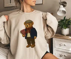 Bookish Bear Sweater Fall Preppy Booktrovert Gift Cute Animal Lover Sweatshirt Book Reader Top Autumn Season Crewneck Cozy Wildlife Pullover
