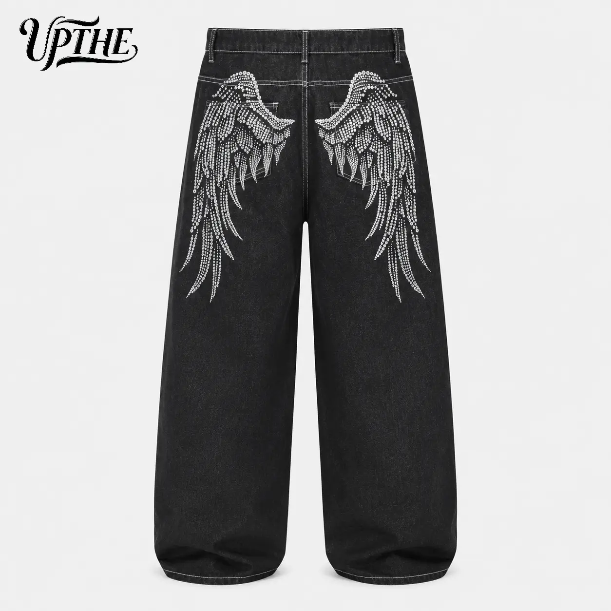UP.THE Men Black Wide Leg Baggy Jeans Y2K Rhinestone Wing Embroidery Streetwear Vintage Loose Fit Casual Denim Pants
