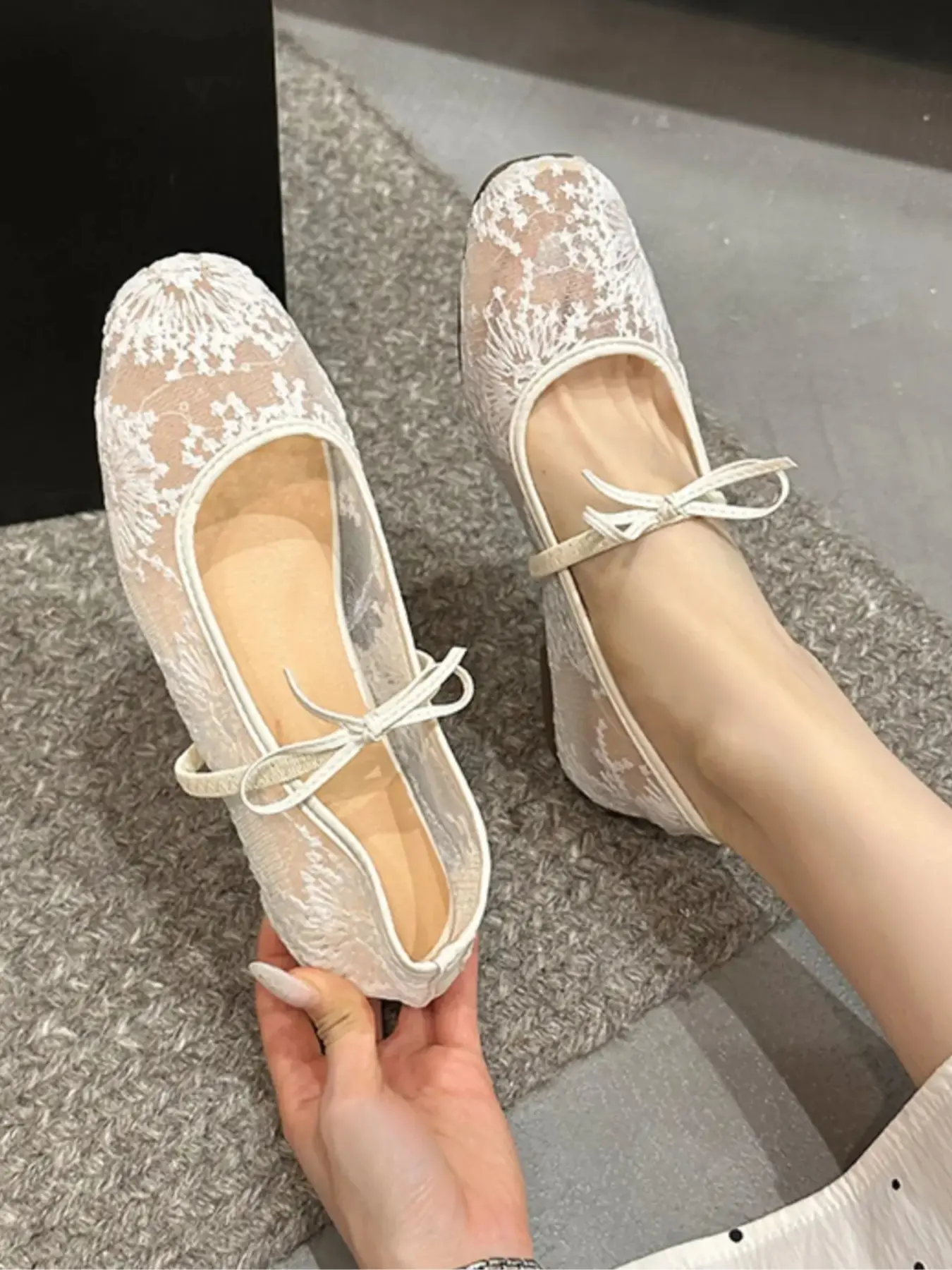 Women's new square-toed lace breathable bow elastic slip-on shoes for outdoor wear, simple and comfortable, lightweight casual Ballet Flats Flat ballet shoes for everyday use, Fashionable Flats