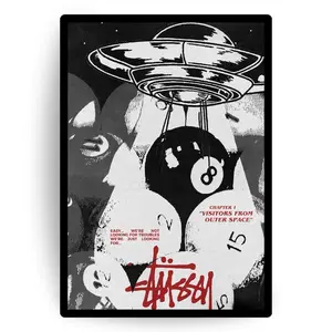 UFO Wall Art Print, Retro Comic Style Alien Poster with 8 Ball and Outer Space Theme, Urban Streetwear Room Décor