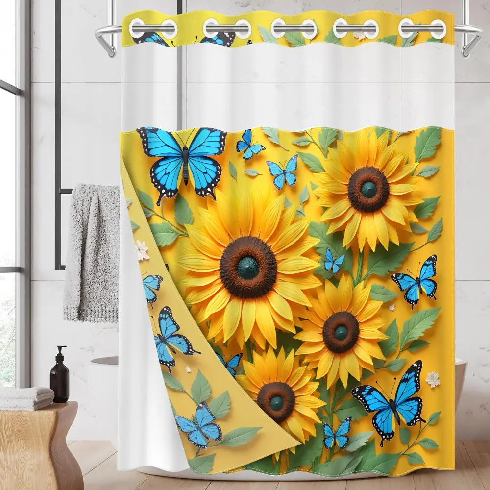 1PC/4PCS 2D Flat Printing Happy Spring Sunflowers and Blue Butterflies Patterned shower curtain, home bathroom decor, shower curtain set with 12 hooks, non-slip bathroom rug, U-shaped toilet seat cover, toilet seat mat, Bathroom Accessory