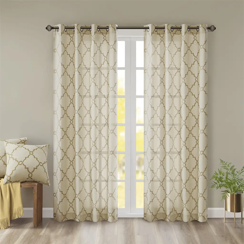 Single Grommet Top Window Curtain Panel with Decorative Fretwork Print – Light Filtering Privacy Drape for Living Room, Bedroom, Kitchen