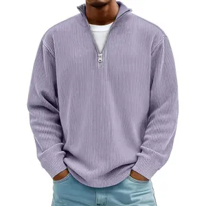 Men’s fashion quarter-zip corduroy ribbed lapel sweatshirt, knitted pullover sweater, stand-up collar sweater