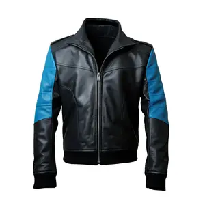 Mens Black & Blue Comfy Stylish Bomber Real Leather Black Bomber Jacket by Hide Crafts