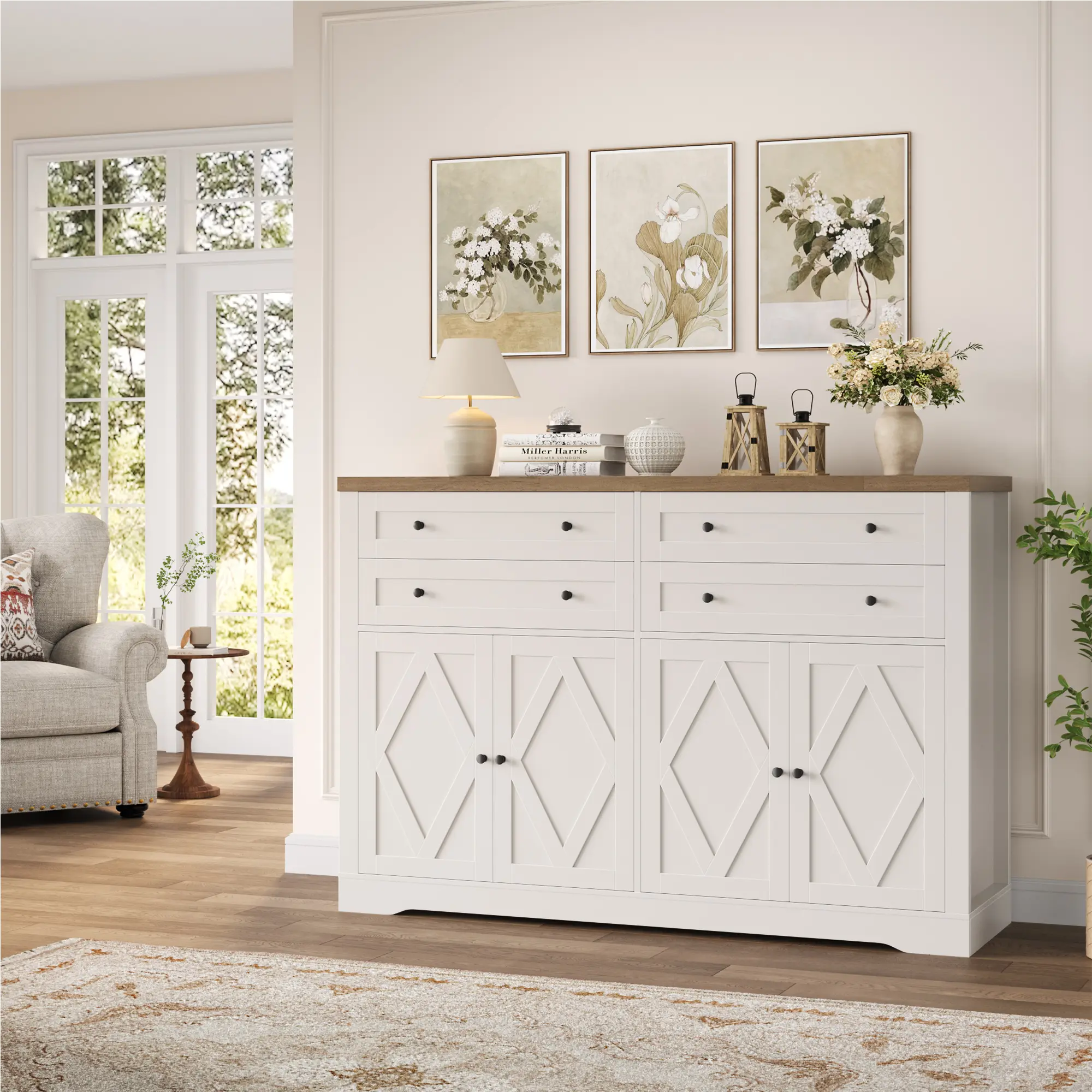 【2 packages shipping】HOSTACK Buffet Cabinet, Coffee Bar with 4 Large Drawers, Kitchen Storage Cabinet, Modern Farmhouse Sideboard Buffet, Adjustable Shelves
