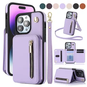 Card Wallet Case for iPhone 17 Pro Max iPhone Air 16 15 14 13 12 11 Pro Max PU Leather RFID Blocking Card Wallet Flip Stand Cover Crossbody Lanyard Strap Wristband