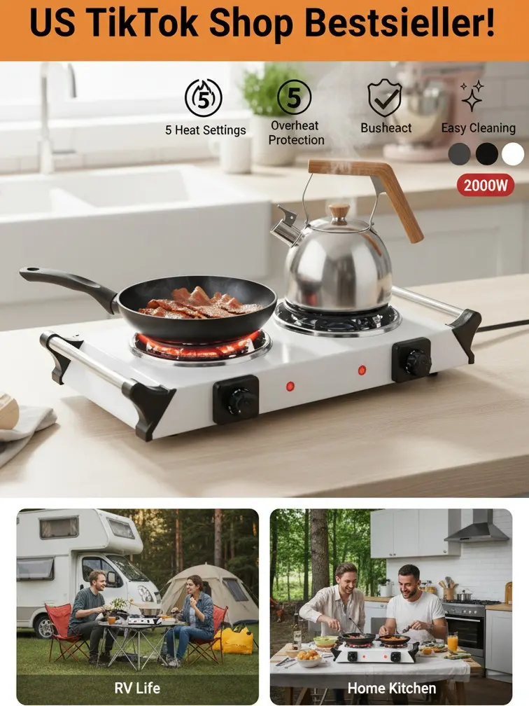 Compact 2000W Portable Double Electric Coil Burner Stove with Portable Handles, 5 Adjustable Heat Levels, Dual Coil Burners for RV Cooking, Outdoor Camping & Home Use, Compatible with Most Cookware