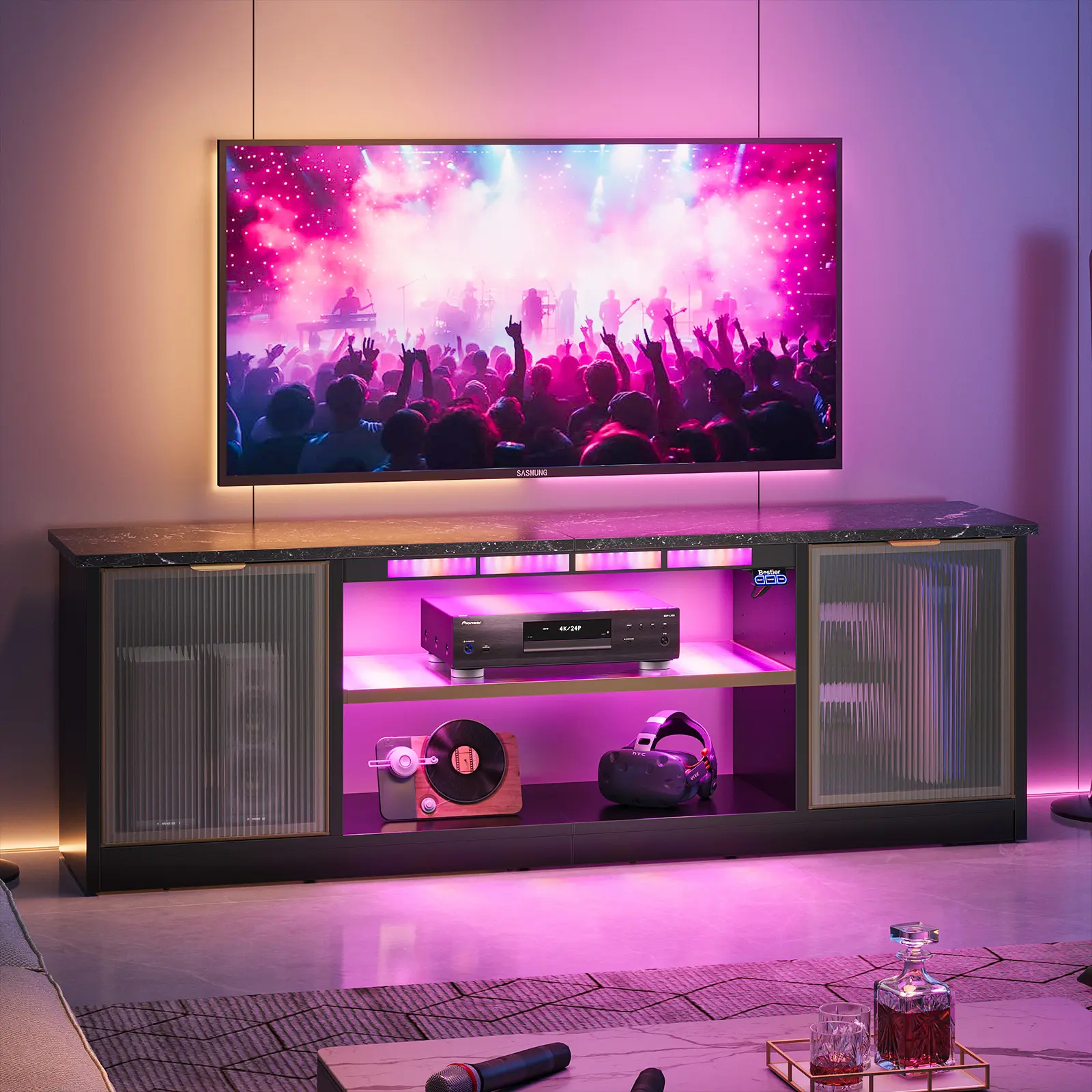 Bestier Sturdy Stable Gaming TV Stand - Indoor Man Cave Home Cinema Furniture, Flow Vibe Entertainment Center with Music Sync RGB LED Lighting Watch Party Modes, PS5/Xbox Storage, Fits 50/55/60/65 in TVs, Aluminum-Framed Doors