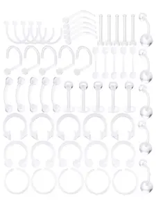 55pcs Clear Piercing Retainers, Flexible Bioflex 14g 16g 20g, Navel Belly Button Ring, Lip Labret, Eyebrow Tongue Barbells, Cartilage Tragus Earrings, Nose Rings, Nose Disc