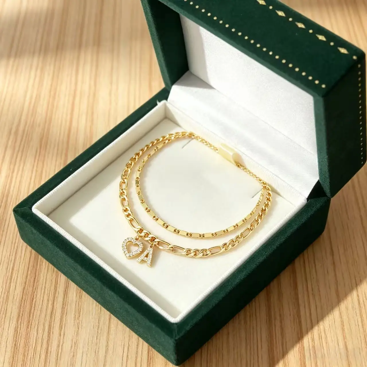 Initial Letter [X] Ankle Bracelet, 14K Gold Plated Layered Anklet with CZ Heart Charm, Dainty Foot Jewelry for Women